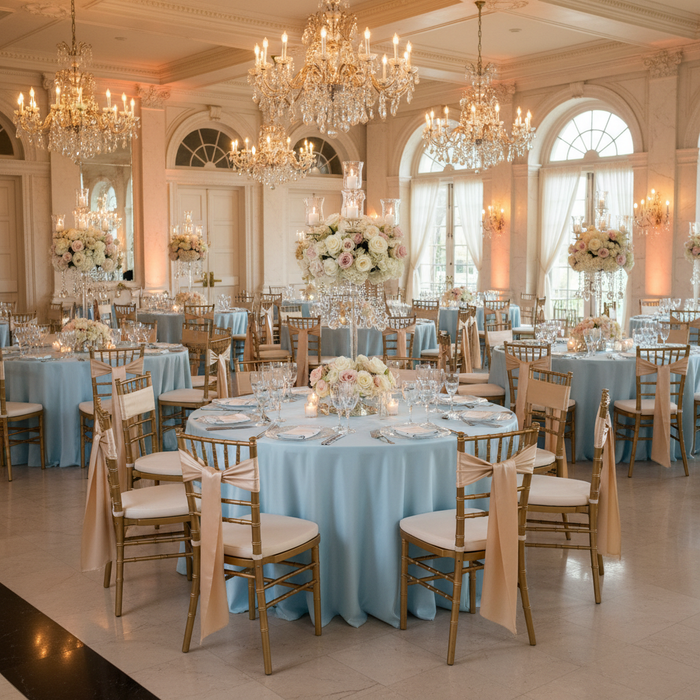wedding reception with Lamour Satin 120" Round Tablecloth - Baby Blue