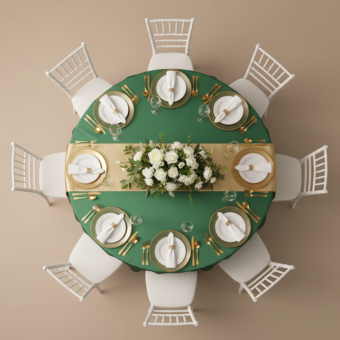 Lamour Satin 120" Round Tablecloth - Emerald Green | charger plate | wine goblet | dinner plate | flower premade runner | napkin |