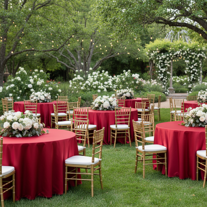 Outdoor Wedding Reception Red 120 Round Lamour Satin Tablecloth
