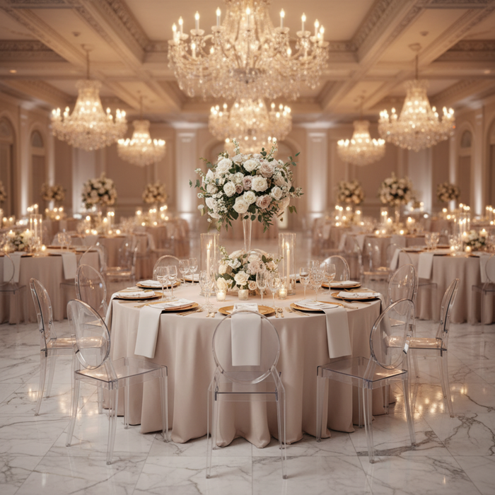 Indoor Wedding Reception – Blush/Rose Gold 132 Round Satin Tablecloth