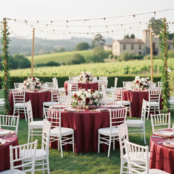 Outdoor Wedding Reception - Burgundy 132 Round Lamour Satin Tablecloth