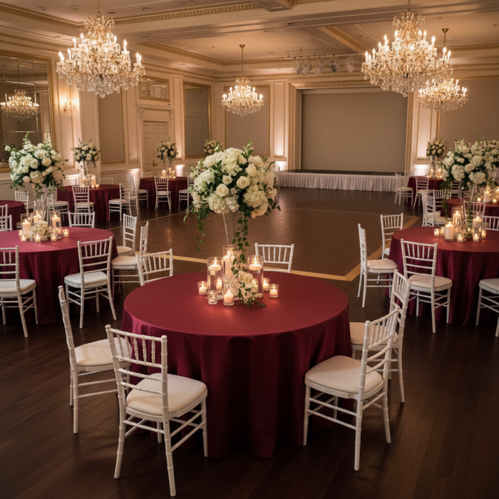 Indoor Wedding Reception - Burgundy 132 Round Lamour Satin Tablecloth