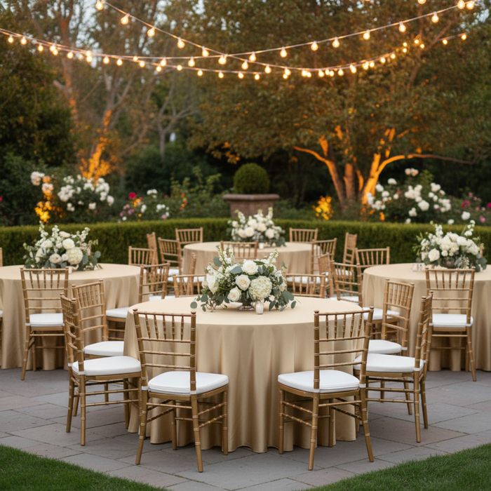 Outdoor Wedding Reception with 132 Round Lamour Satin Tablecloth