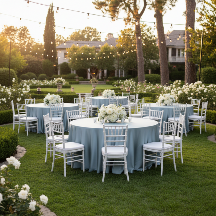 Outdoor Wedding Reception – Dusty Blue Lamour Satin Tablecloth