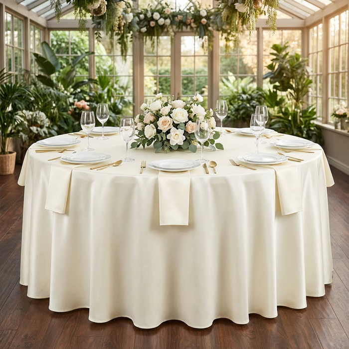 Lamour Satin 132" Round Tablecloth - Ivory - CV Linens