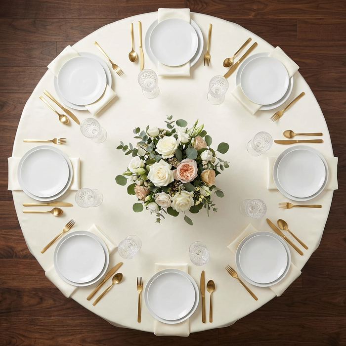 Lamour Satin 132" Round Tablecloth - Ivory - CV Linens