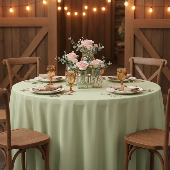 Lamour Satin 132" Round Tablecloth - Sage Green | charger plate | napkin | wine goblet |