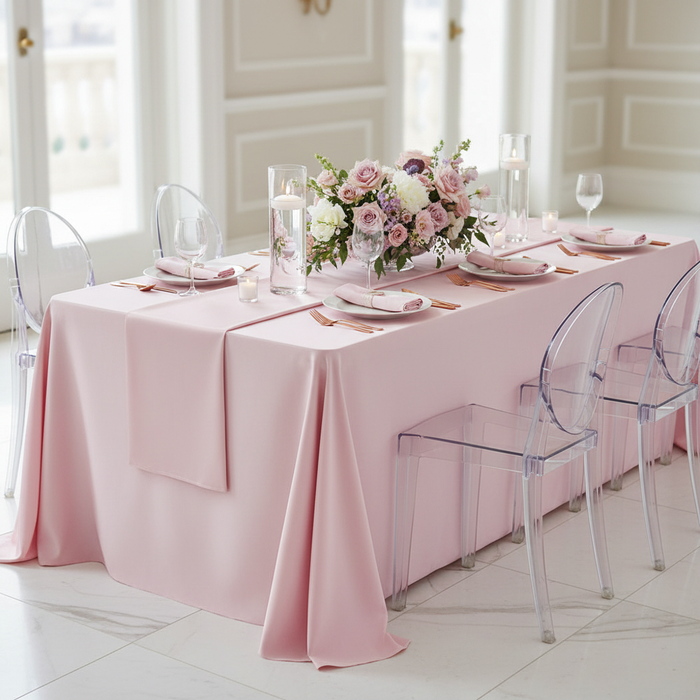 Lamour Satin 90"x132" Rectangular Oblong Tablecloth - Pastel Pink.