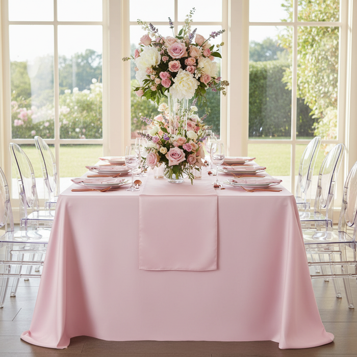 Lamour Satin 90"x132" Rectangular Oblong Tablecloth - Pastel Pink.