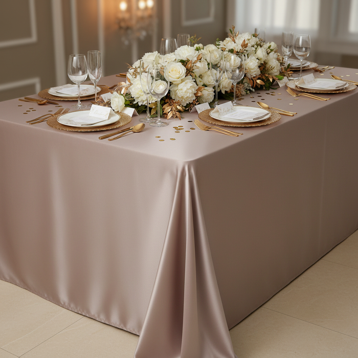 Lamour Satin 90"x156" Rectangular Oblong Tablecloth - Taupe | charger plate | dinner plate | wine goblet | flower premade runner |