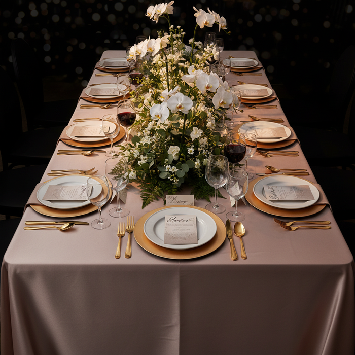 Lamour Satin 90"x156" Rectangular Oblong Tablecloth - Taupe | charger plate | dinner plate | wine goblet | napkin |