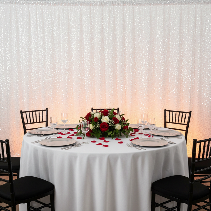 Large Payette Sequin 10ft H x 52" W Drape/Backdrop panel - White | uprights | bases | crossbar |