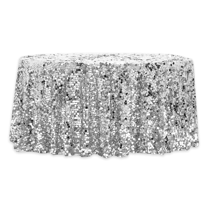 Large Payette Sequin 132" Round Tablecloth - Silver - CV Linens