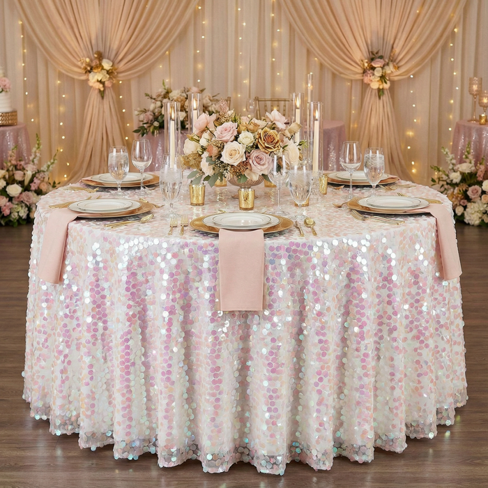 Large Payette Sequin Round 120" Tablecloth - Iridescent Pink - CV Linens