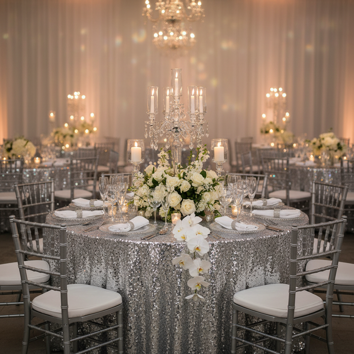 Large Payette Sequin Round 120" Tablecloth - Silver in Luxurious Reception.