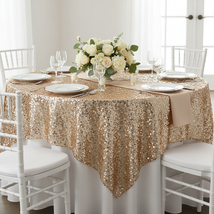 Large Payette Sequin Table Overlay Topper 90"x90" Square - Champagne.