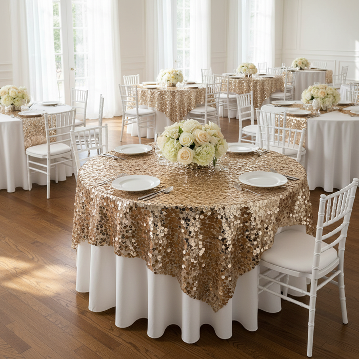 Large Payette Sequin Table Overlay Topper 90"x90" Square - Champagne.