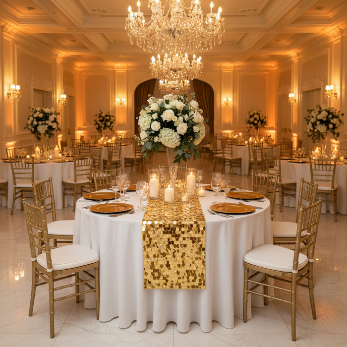 elegant wedding reception with Large Payette Sequin Table Runner - Gold