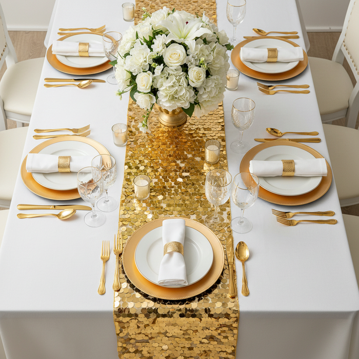 top view flat detail of Large Payette Sequin Table Runner - Gold