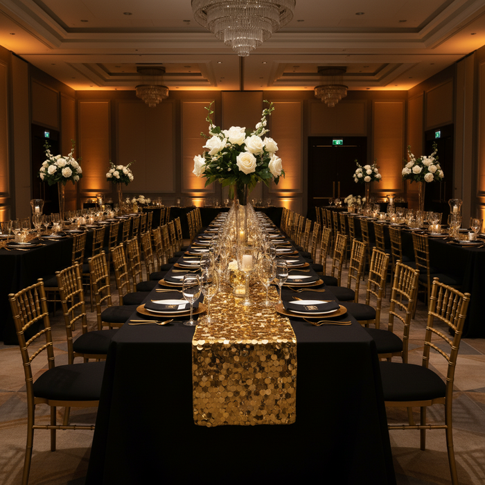 elegant hotel corporate anniversary setup with Large Payette Sequin Table Runner - Gold