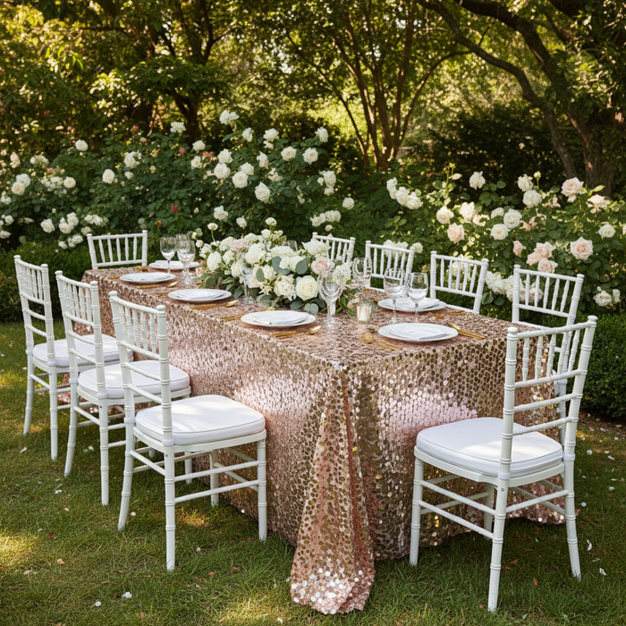 Large Payette Sequin Tablecloth 90"x132" Rectangular - Blush/Rose Gold | charger plate | napkin | flower premade runner | wine goblets |