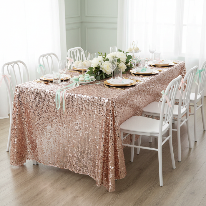 Large Payette Sequin Tablecloth 90"x132" Rectangular - Blush/Rose Gold | charger plate | napkin | flower premade runner | wine goblets |