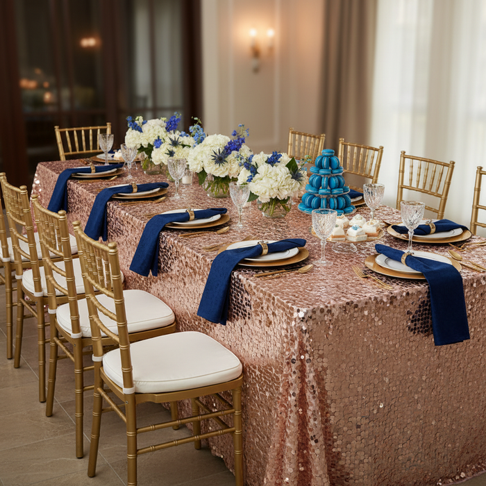 Large Payette Sequin Tablecloth 90"x132" Rectangular - Blush/Rose Gold | charger plate | napkin | wine goblets |