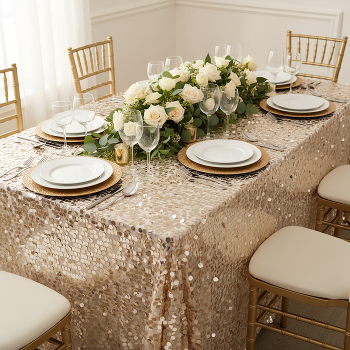 Large Payette Sequin Tablecloth 90"x132" Rectangular - Champagne.