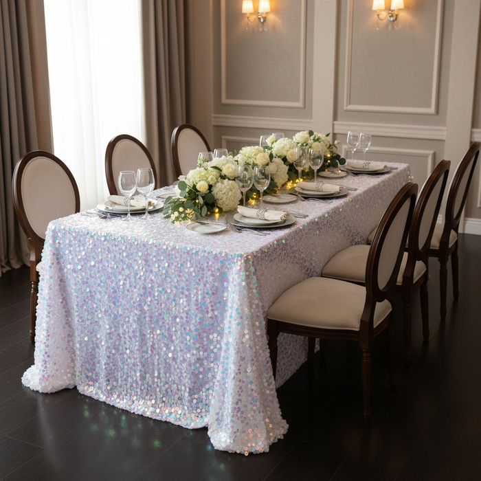 Large Payette Sequin Tablecloth 90"x156" Rectangular - Iridescent White