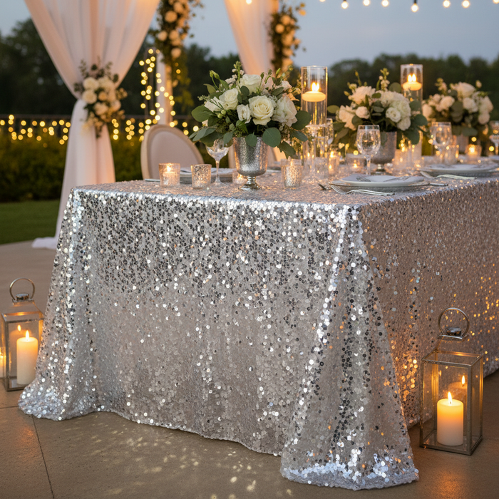Large Payette Sequin Tablecloth 90"x156" Rectangular - Silver with Oval Chairs.