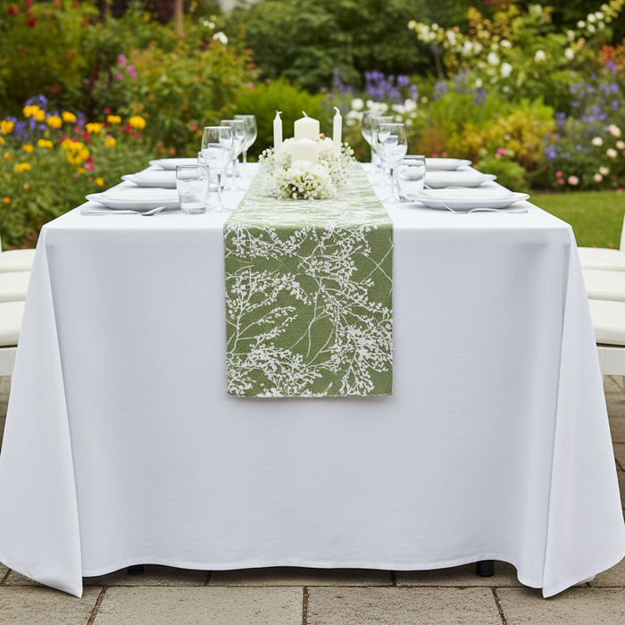 Leaf Branch Reversible Jacquard Table Runner - Olive Green Front View