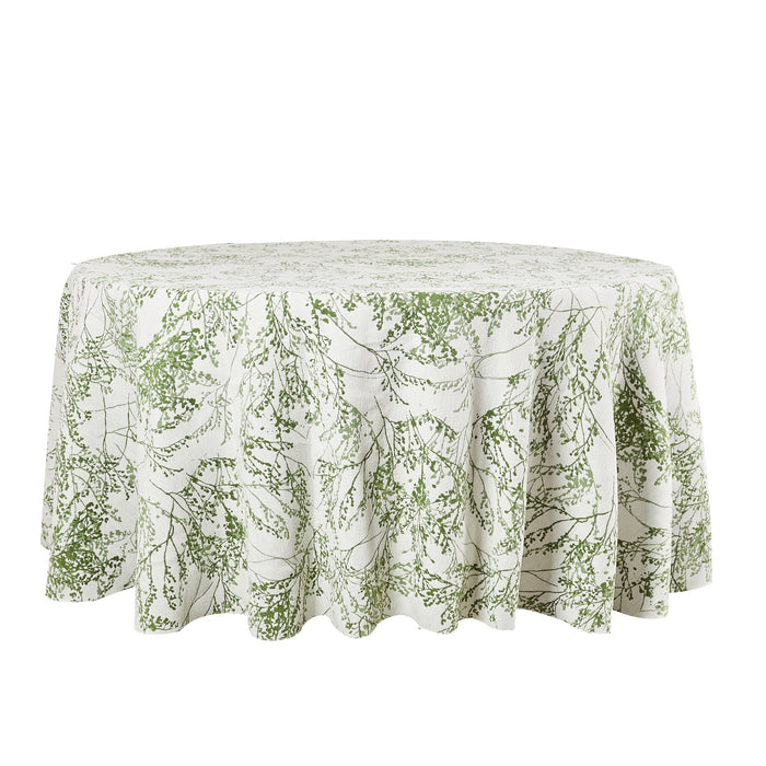 Leaf Branch Jacquard Tablecloth 132" Round - Reversed Olive Green White backrgound