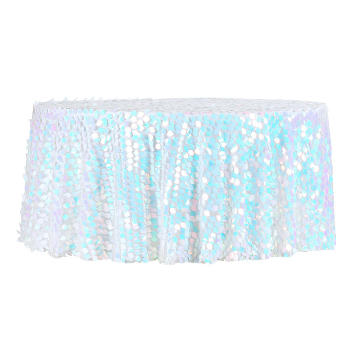 Leaf Payette Sequin Round 120" Tablecloth - Iridescent White - CV Linens