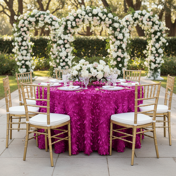 Leaf Petal Taffeta Round 120" Tablecloth - Fuchsia | charger plate | napkin | wine goblets | centerpiece |