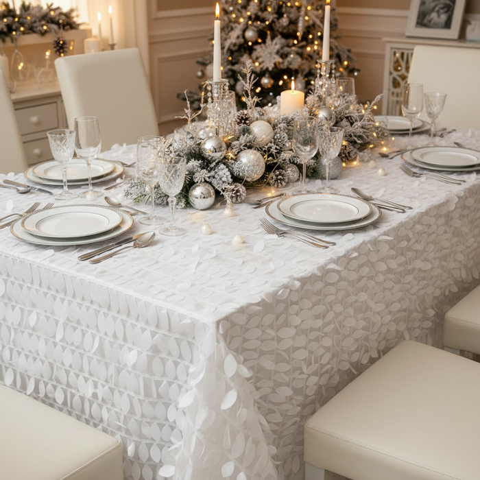 Leaf Petal Taffeta Tablecloth 90"x132" Rectangular - White | white trimmed charger plate | wine goblets |