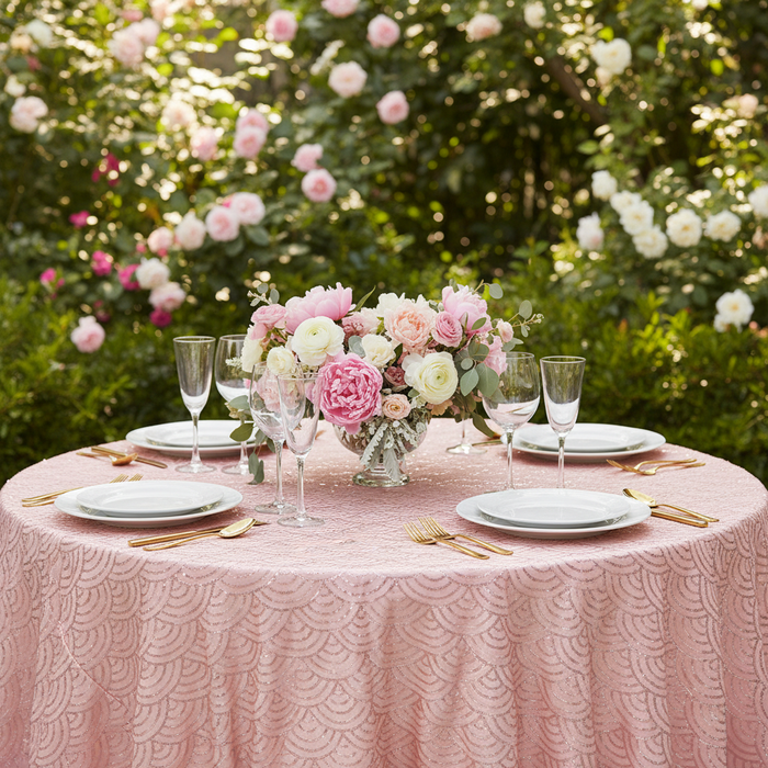 Mermaid Scale Sequin 120" Round Tablecloth - Blush/Rose Gold