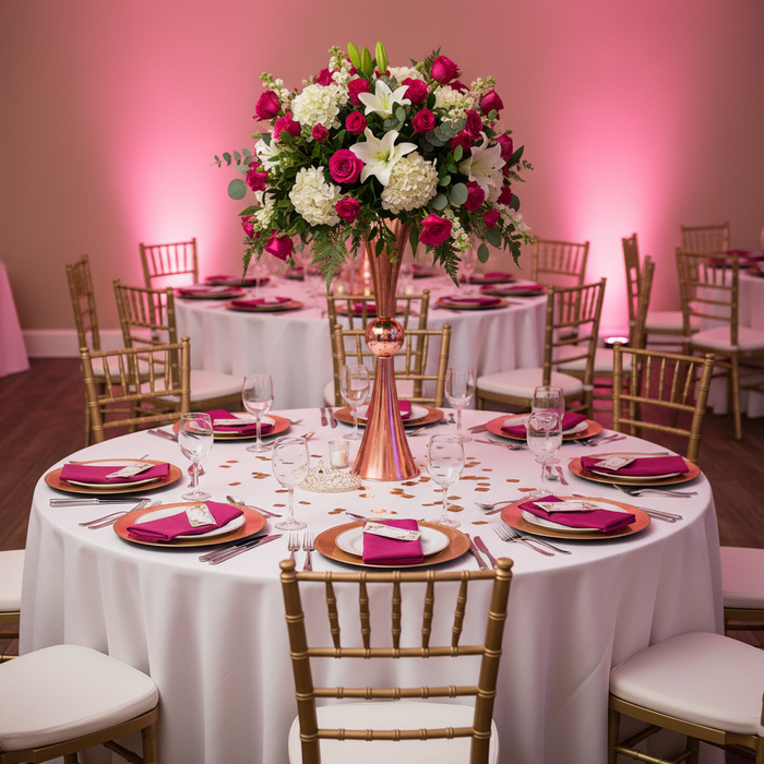 Metallic Reversible Riser Flower Centerpiece Vase 28" Tall - Rose Gold | tablecloth | napkin | charger plate | wine goblets |
