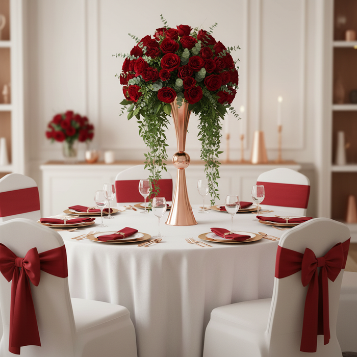 Metallic Reversible Riser Flower Centerpiece Vase 28" Tall - Rose Gold | tablecloth | napkin | charger plate | wine goblets |