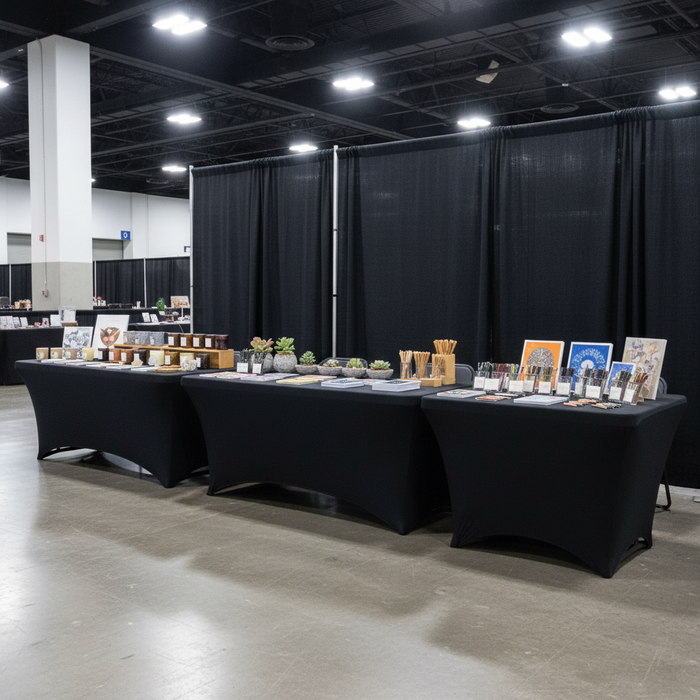 trade show booth with Open Back Stretch Spandex Table Cover 6 FT Rectangular - Black