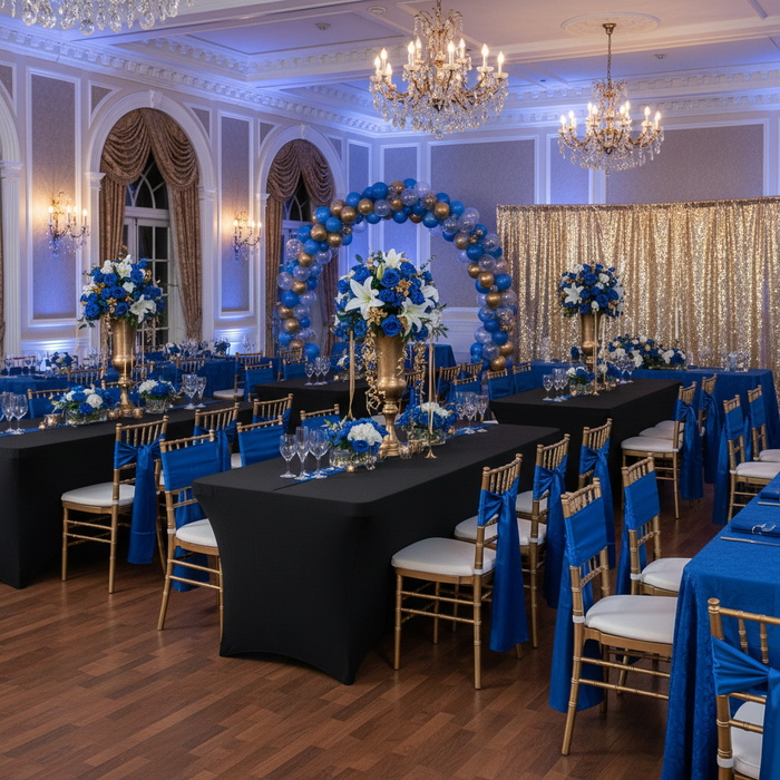 royal blue and gold birthday setup with Open Back Stretch Spandex Table Cover 8 FT Rectangular - Black