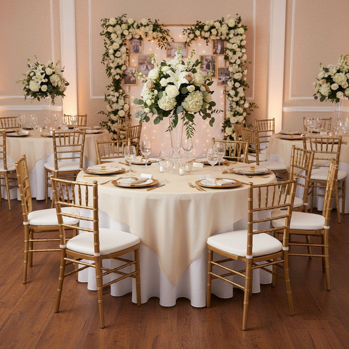 Organza 90"x90" Square Table Overlay - Champagne | charger plate | napkin | tablecloth | wine goblets |