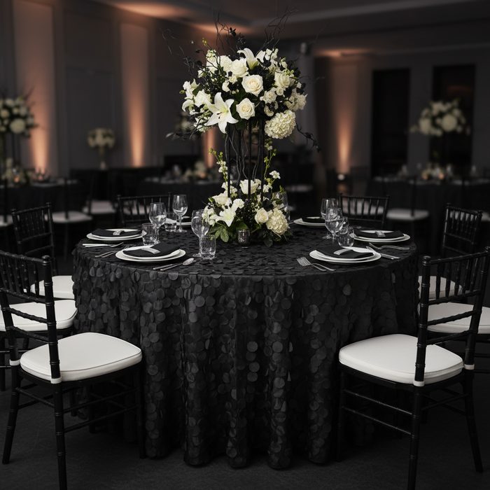 Petal Circle Taffeta 132" Round Tablecloth - Black.
