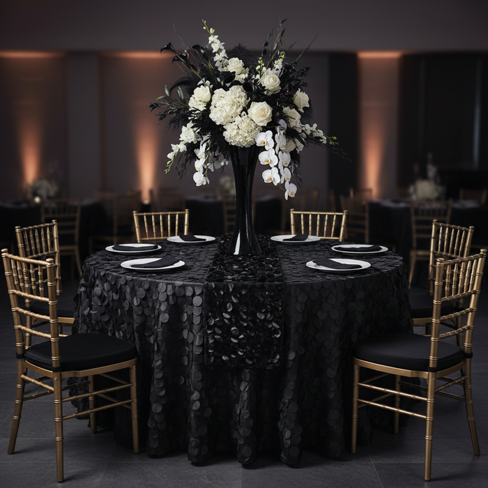 Petal Circle Taffeta 132" Round Tablecloth - Black.