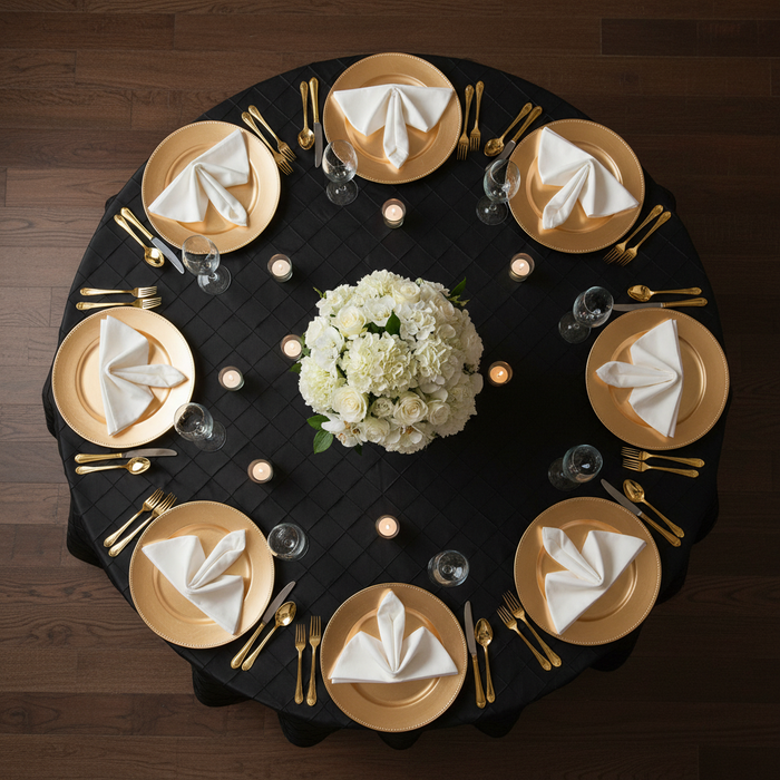 top view of Pintuck 120" Round Tablecloth - Black