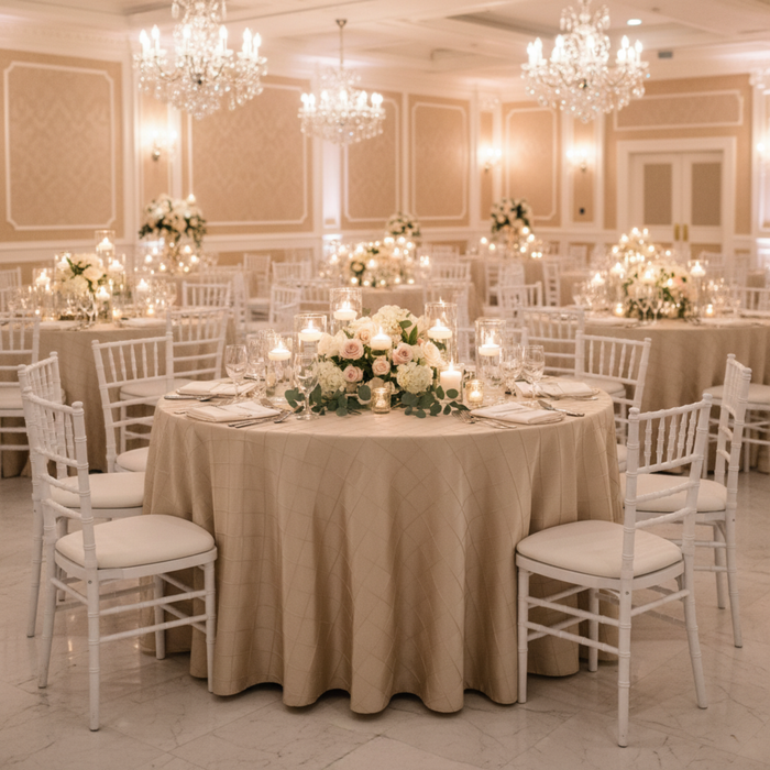 Champagne 120 Round Pintuck Tablecloth Indoor Wedding Reception