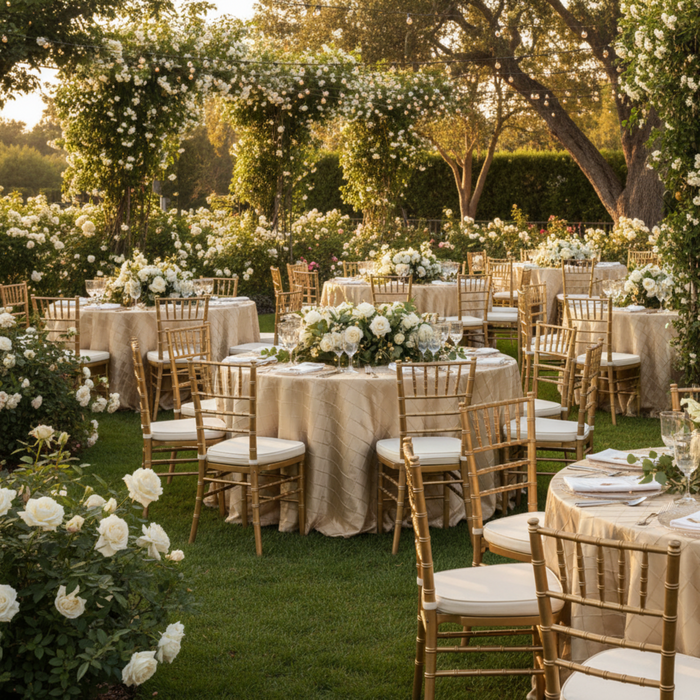 Champagne 120 Round Pintuck Tablecloth Outdoor Wedding Reception