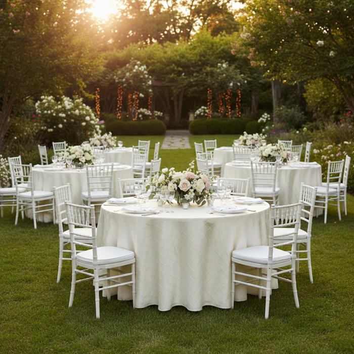 Outdoor Wedding Reception- 120 Round Pintuck Tablecloth Ivory