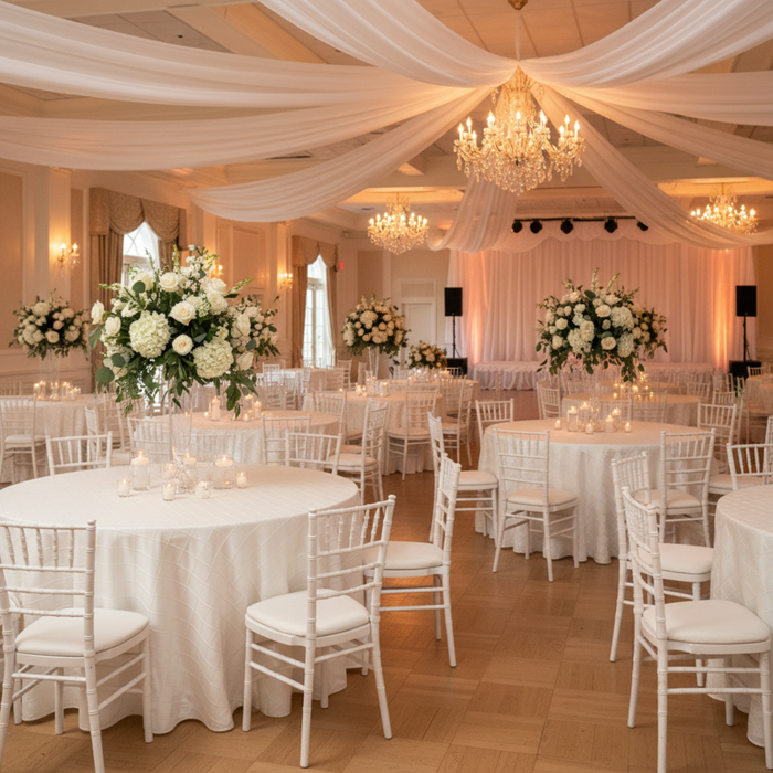Indoor Wedding Reception- 120 Round Pintuck Tablecloth Ivory