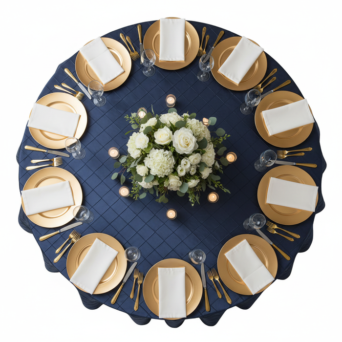 top view of Pintuck 120" Round Tablecloth - Navy Blue