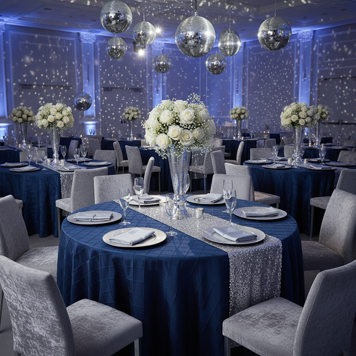 indoor new year's eve silver gala with Pintuck 120" Round Tablecloth - Navy Blue